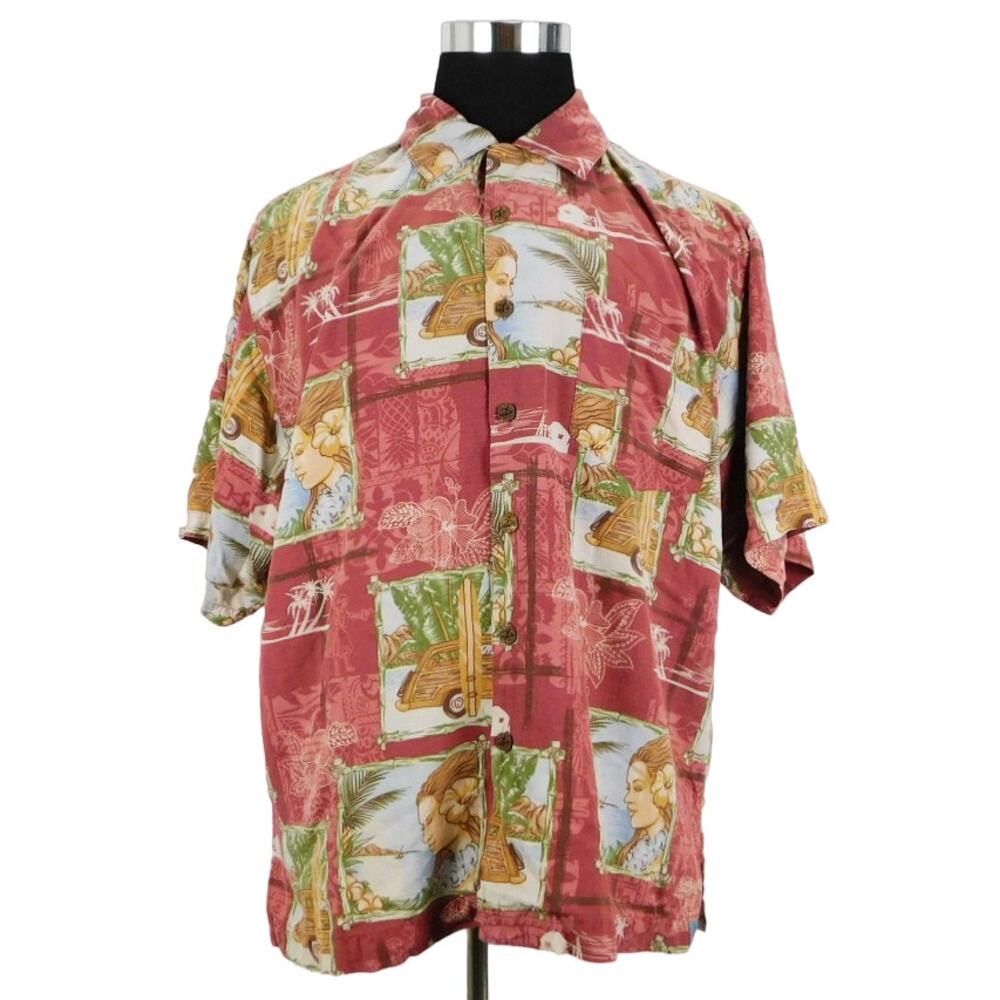 Bermuda Bay Red Hawaiian Silk Short Sleeve Button-Up Mens XL Shirt